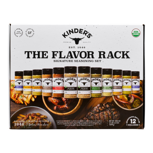 Kinder's Flavor Rack seasoning set packaging with 12 bottles displayed.